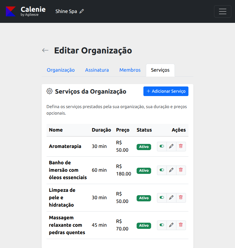 Configuração dos serviços da organização