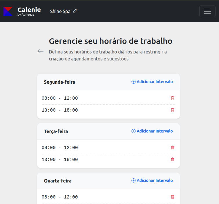 Configuração dos horários de trabalho