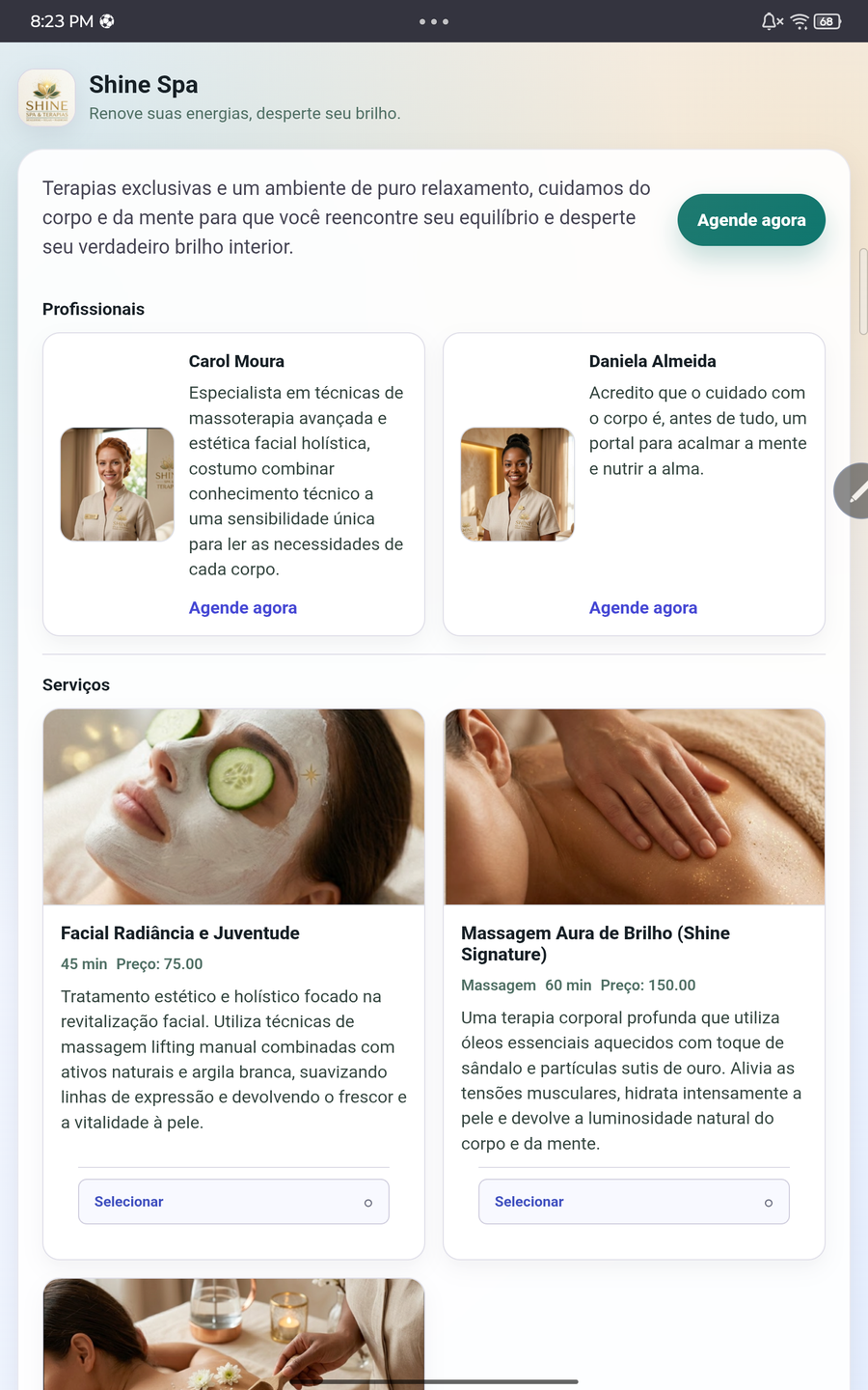 Exemplo de página pública Calenie Spaces para Shine Spa