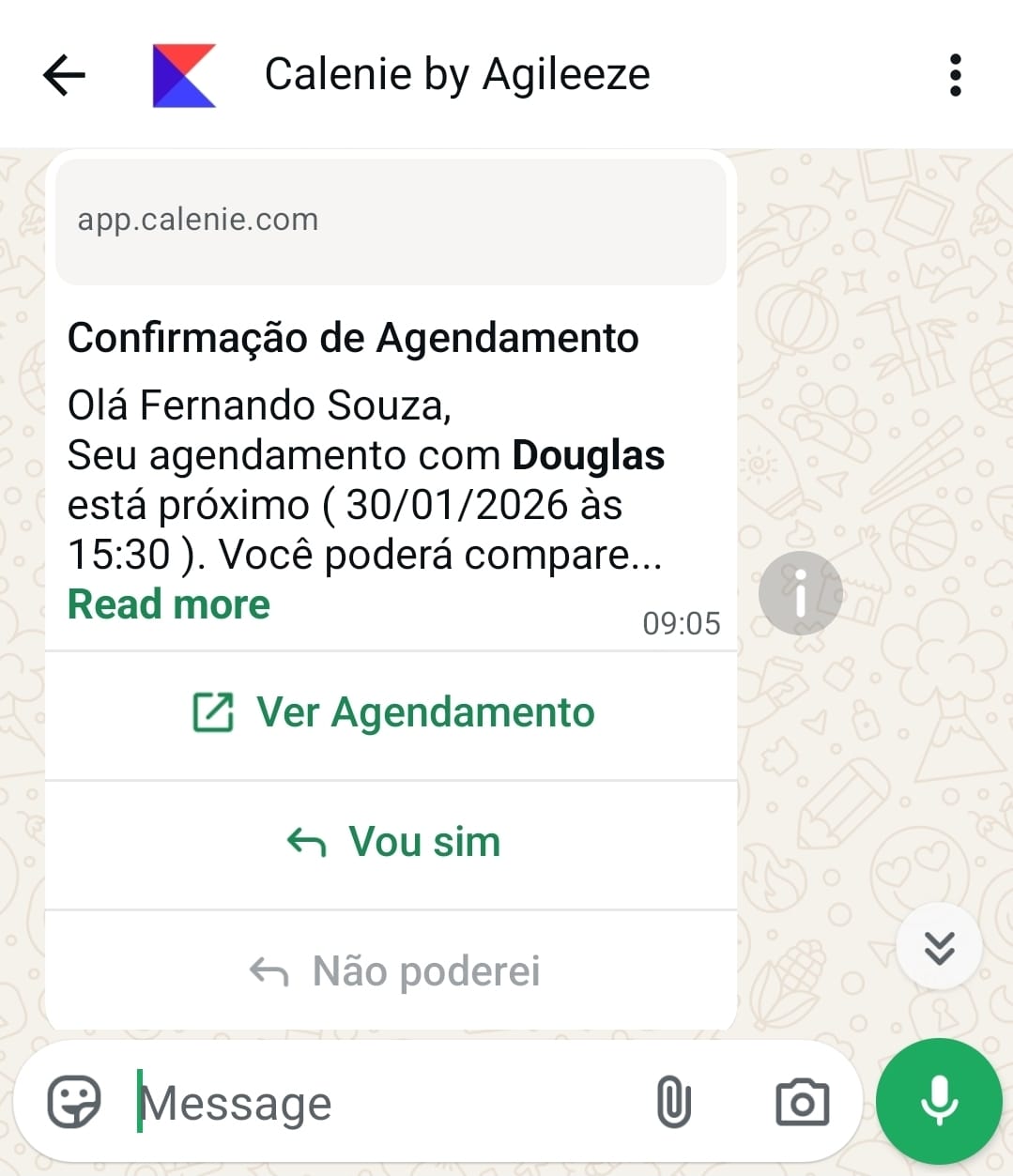 Confirmação automática de agendamento via WhatsApp - Calenie